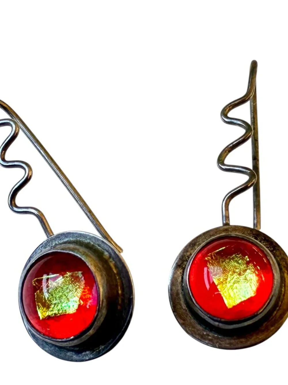 Barbara Sucherman Dichroic Glass Sterling Silver Modernist Drop Pierced Vintage